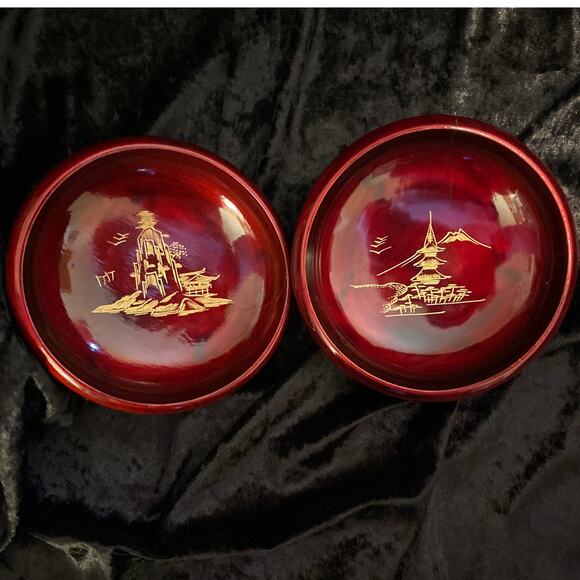 Vintage Aizu Japan Laquerware TRINKET bowls DECOR Asian collectibles Gold Red - Picture 1 of 14